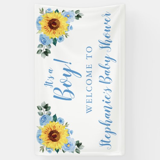 Baby shower Zonnebloem Stoffig Blauw Bloemen Het i Spandoek (Verticaal)