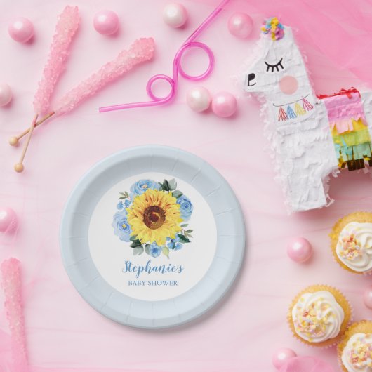 Baby shower Zonnebloem Stoffig Blauw Bloemen Papieren Bordje (Feest)