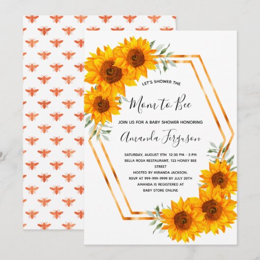 Baby shower zonnebloemen bijen witte rozengoud kaart (Voorkant / Achterkant)