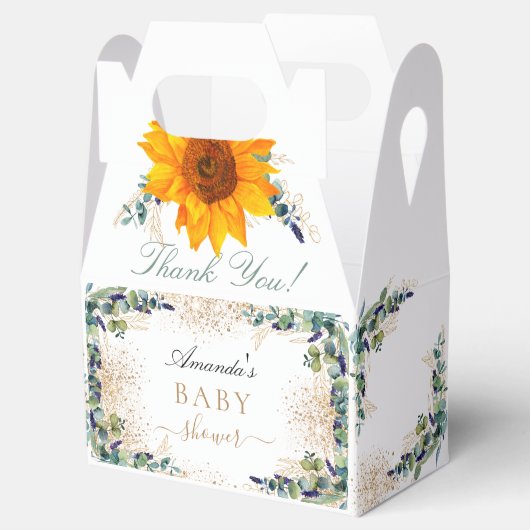 Baby shower zonnebloemen eucalyptusgoud glitter bedankdoosjes (Geopend)