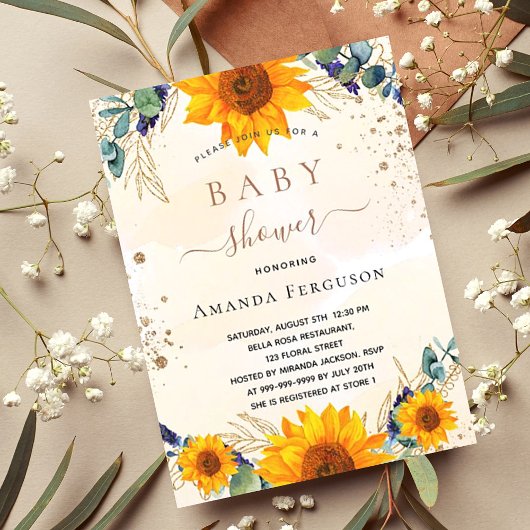 Baby shower zonnebloemen eucalyptusgoud glitter kaart