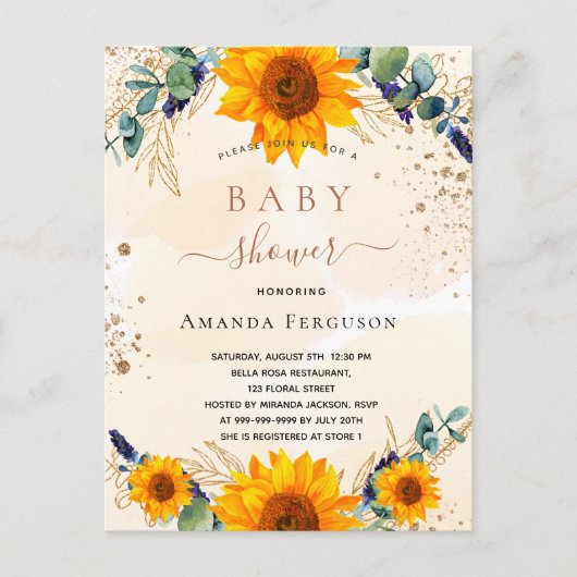 Baby shower zonnebloemen eucalyptusgoud glitter uitnodiging briefkaart (Voorkant)