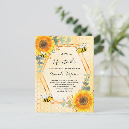 Baby shower zonnebloemen, griedig van mam tot bije uitnodiging briefkaart (Staand voorkant)