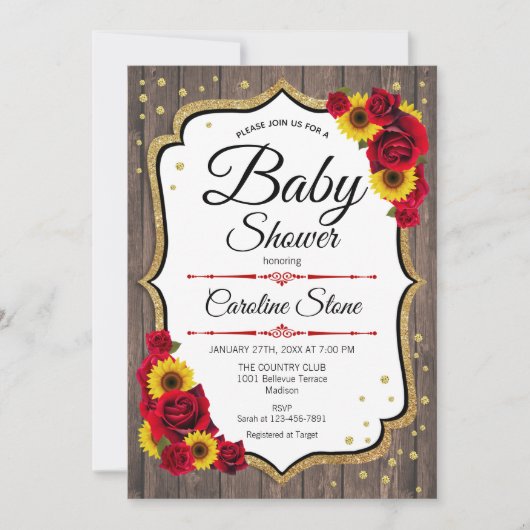 Baby shower - Zonnebloemen Rozen Rustisch Hout Kaart (Voorkant)