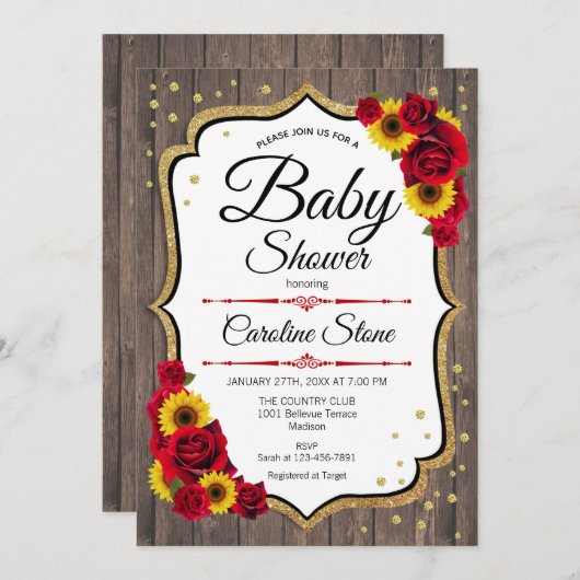 Baby shower - Zonnebloemen Rozen Rustisch Hout Kaart (Voorkant / Achterkant)