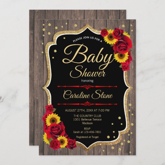 Baby shower - Zonnebloemen Rozen Uitnodiging (Voorkant / Achterkant)