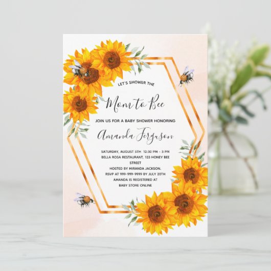 Baby shower zonnebloemen witte rozengoud kaart (Staand voorkant)