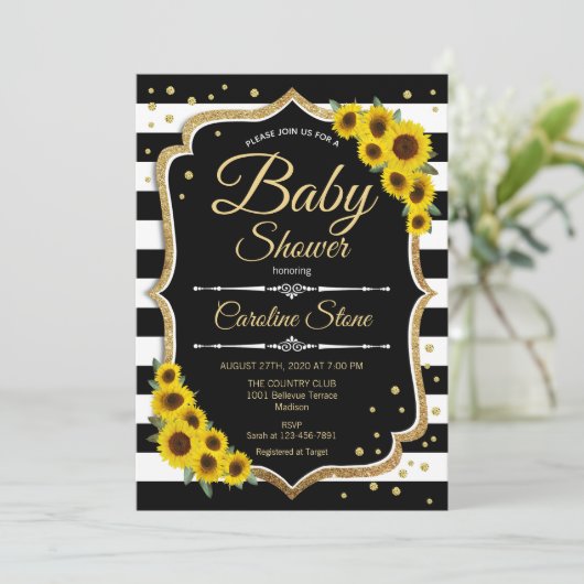 Baby shower - Zonnebloemen - Witte strepen Kaart (Staand voorkant)