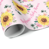 Baby shower Zonnebloemroze rozen Gepersonaliseerde Cadeaupapier (Rol Hoek)