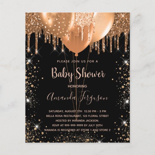 Baby shower zwart goud glitter budget uitnodiging flyer (Voorkant)