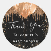 Baby shower zwart goud glitter naam bedankt ronde sticker (Voorkant)