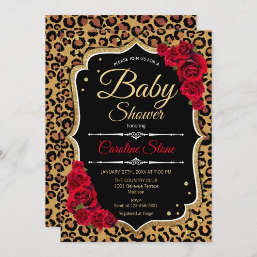 Baby shower - Zwart Rood Goud Leopard Print Kaart (Voorkant / Achterkant)
