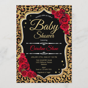Baby shower - Zwart Rood Goud Leopard Print Kaart