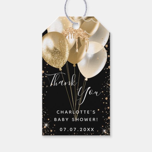Baby shower zwarte goudballon bedankt cadeaulabel (Voorkant)
