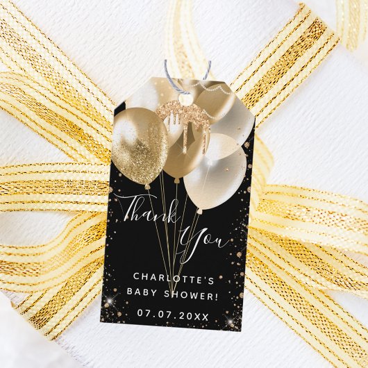Baby shower zwarte goudballon bedankt cadeaulabel