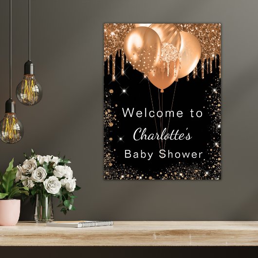 Baby shower zwarte gouden glitter welkom poster