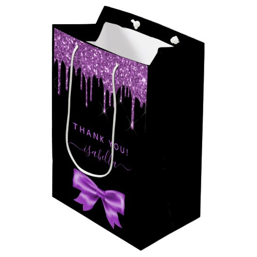 Baby shower zwarte paarse glitter bedankt voor je  medium cadeauzakje (Voorkant Gekanteld)