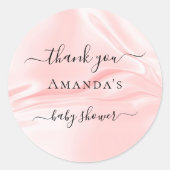 Baby shower zwarte roze zijde satin naam bedankt ronde sticker (Voorkant)