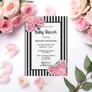 Baby shower zwarte witte strepen roze bloemen kaart