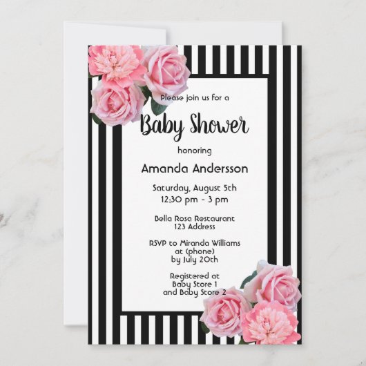 Baby shower zwarte witte strepen roze bloemen kaart (Voorkant)