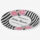 Baby shower zwarte witte strepen roze rozen papieren bordje (Gekanteld)
