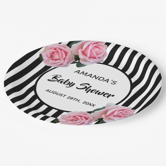 Baby shower zwarte witte strepen roze rozen papieren bordje (Gekanteld)