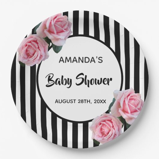 Baby shower zwarte witte strepen roze rozen papieren bordje (Voorkant)