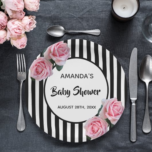 Baby shower zwarte witte strepen roze rozen papieren bordje