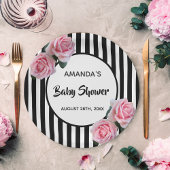 Baby shower zwarte witte strepen roze rozen papieren bordje