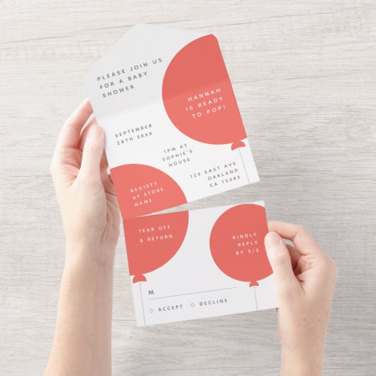 Baby showers ballon | Coral Pink Minimalist RSVP All In One Uitnodiging (Afscheurbaar)
