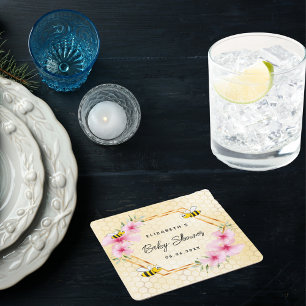 Baby showers bijen honingraat roze bloemetjes kartonnen onderzetters