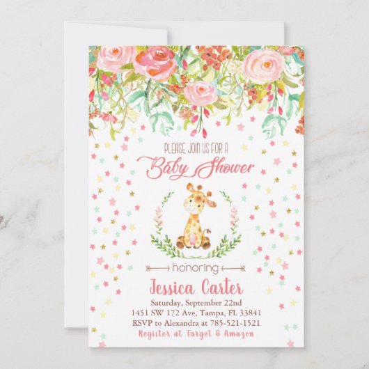 Baby showers bloemen en giraf kaart (Voorkant)