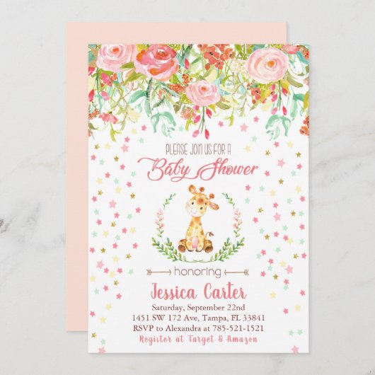 Baby showers bloemen en giraf kaart (Voorkant / Achterkant)