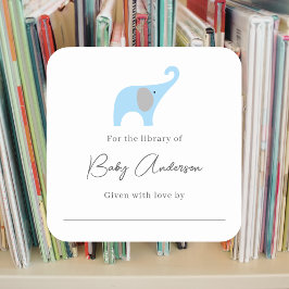 Baby showers boekenplaat blauwe olifant vierkante sticker