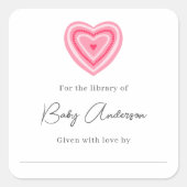 Baby showers boekenplaat roze valentijn hart vierkante sticker (Voorkant)
