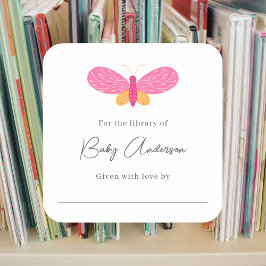 Baby showers boekenplaat roze vlinder vierkante sticker