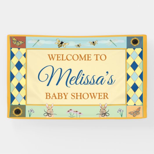 Baby showers bord met Rabbit, Bee's & Butterflies Spandoek (Horizontaal)