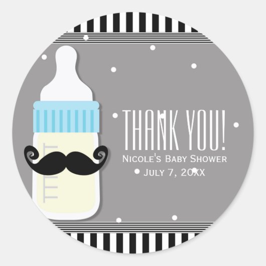 Baby showers fles & snor Modern Favor Ronde Sticker (Voorkant)