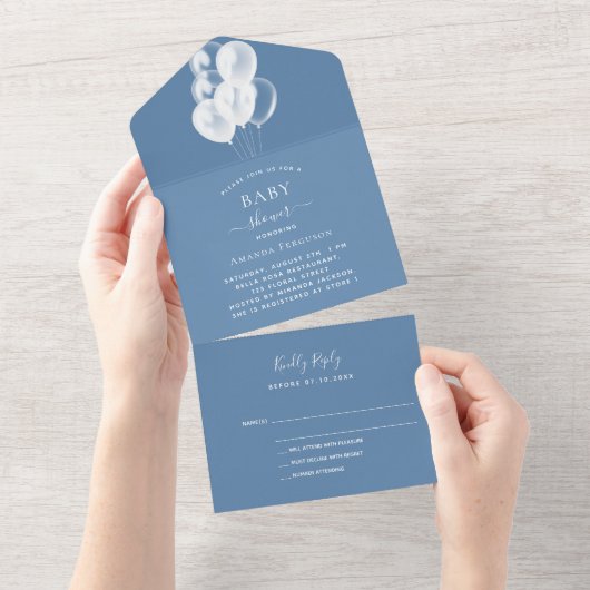 Baby showers jongen stoffige blauw witte ballonnen all in one uitnodiging (Afscheurbaar)