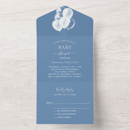 Baby showers jongen stoffige blauw witte ballonnen all in one uitnodiging (Binnen)