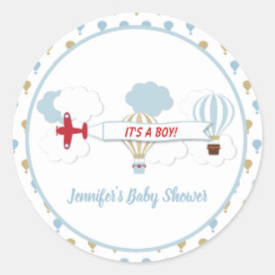 Baby showers omhoog en weg/vliegtuig ronde sticker