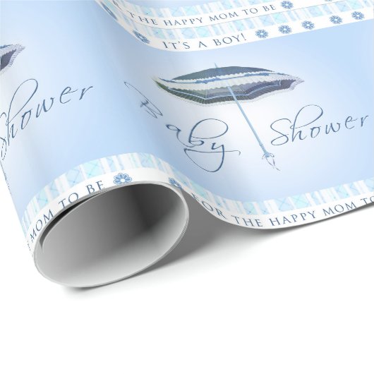 Baby showers paraplu blauw jongetje inpakpapier (Rol Hoek)