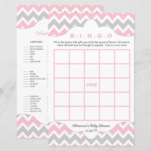 Baby showers spellen voor roze grijze bingo (Voorkant / Achterkant)