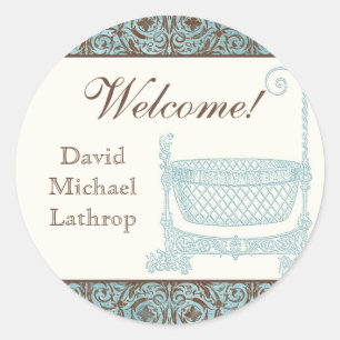 Baby showers Stickers - Blauw Bruin Damast Cradle