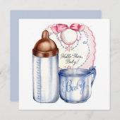 Baby showers vierkante uitnodigingsslabbetje, fles kaart (Voorkant / Achterkant)