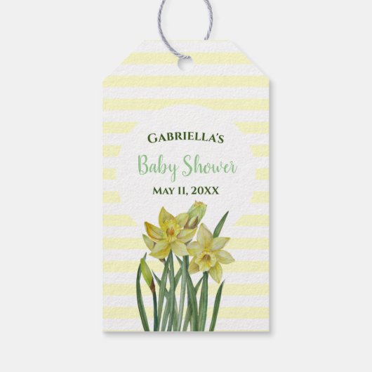 Baby showers Waterverf Daffodils Witte Strepen Cadeaulabel (Achterkant)
