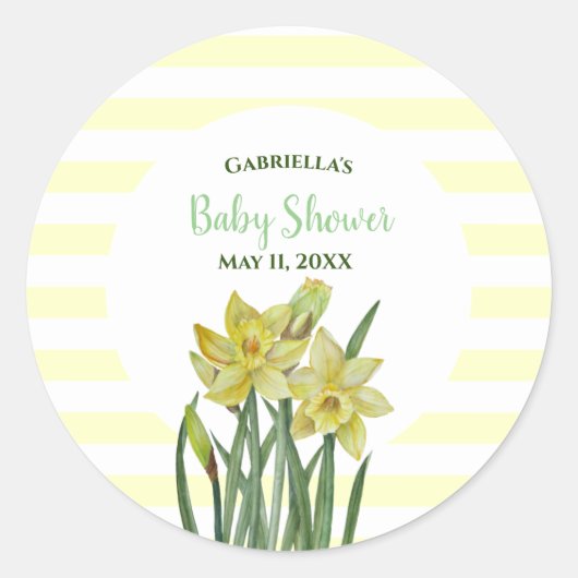 Baby showers Waterverf Daffodils Witte Strepen Ronde Sticker (Voorkant)