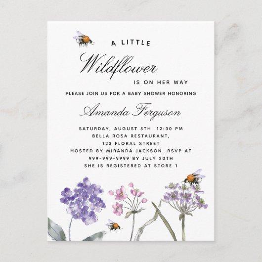 Baby showers wilde bloemen vieten roze bijenmeisje uitnodiging briefkaart (Voorkant)