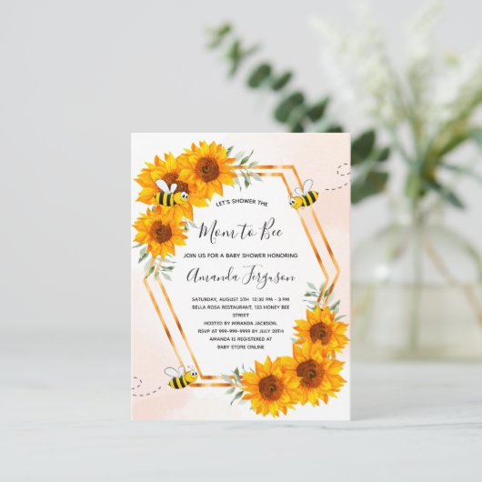 Baby showers zonnebloemen roos gouduitnodiging briefkaart (Staand voorkant)