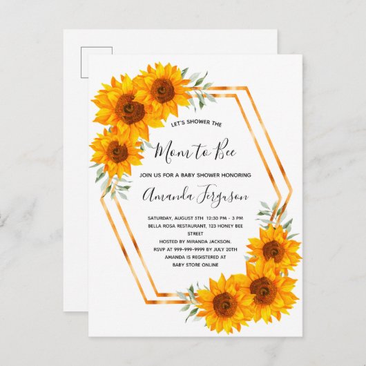 Baby showers zonnebloemen roos gouduitnodiging briefkaart (Voorkant / Achterkant)